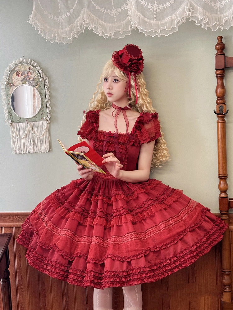 Elegant Lolita Trims Pleating Ruffle Details and Red Dress Classic