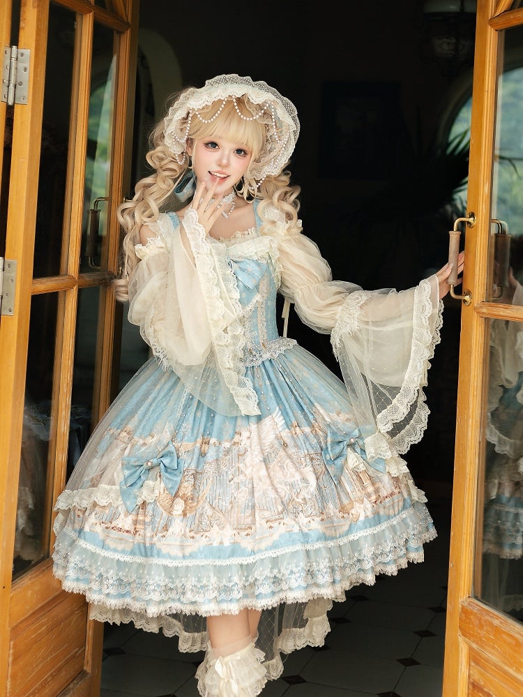 Print Full Lolita Set Classic Elegant Unicorn Blue Dress JSK