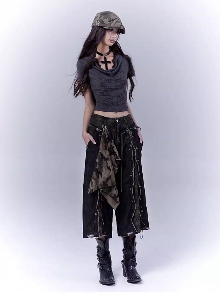 Distressed Rock Straight-leg Jeans Punk Camouflage Lace-up Front