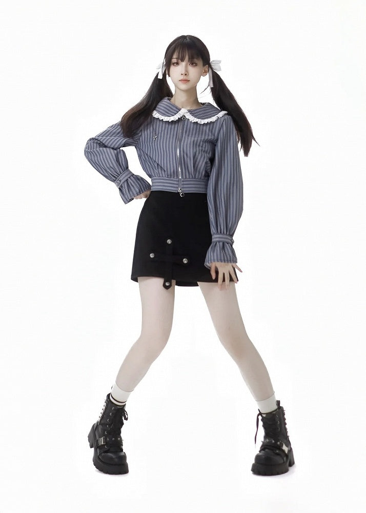 Blue&White Striped Pattern Lace Trim Peter Pan Collar Thicken Blouse