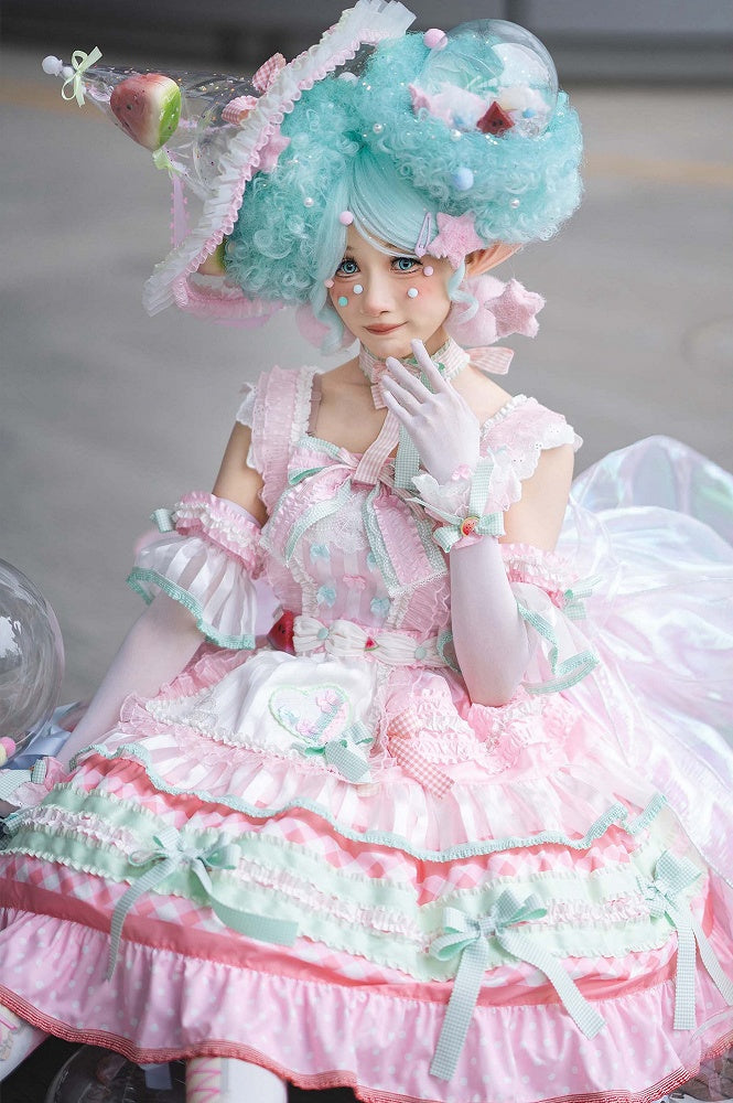 Lolita Dress Cake Sweet Bow and Accents Skirt Tiered Watermelon Pink Green