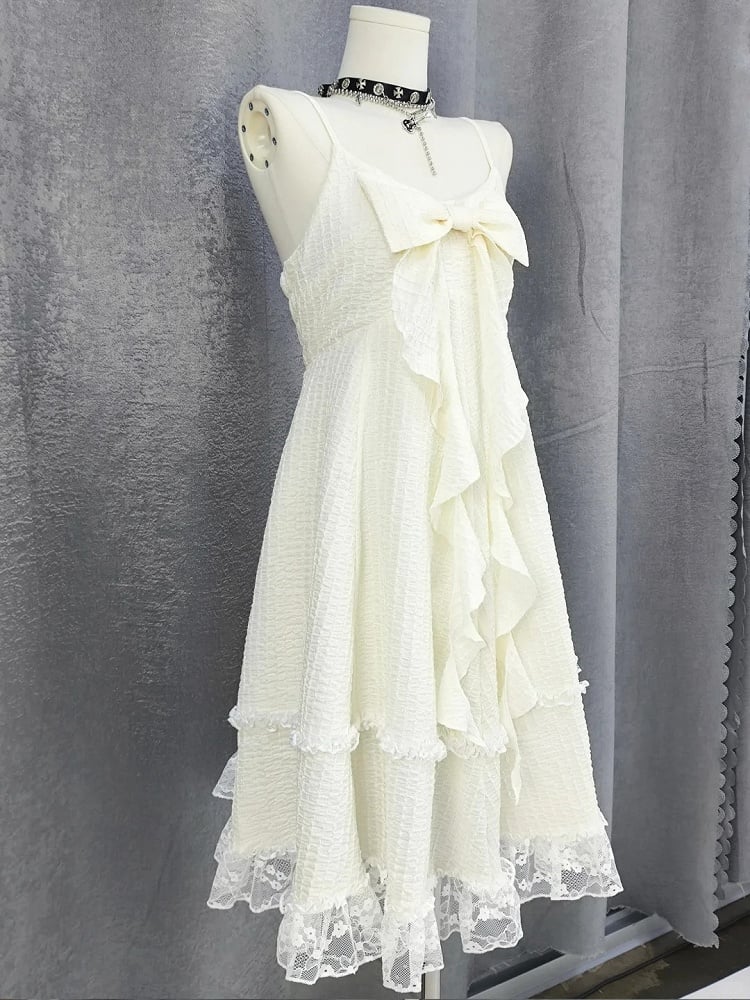 Big Bow Neckline Lace Skirt Apricot Cami Dress Trim Bubble