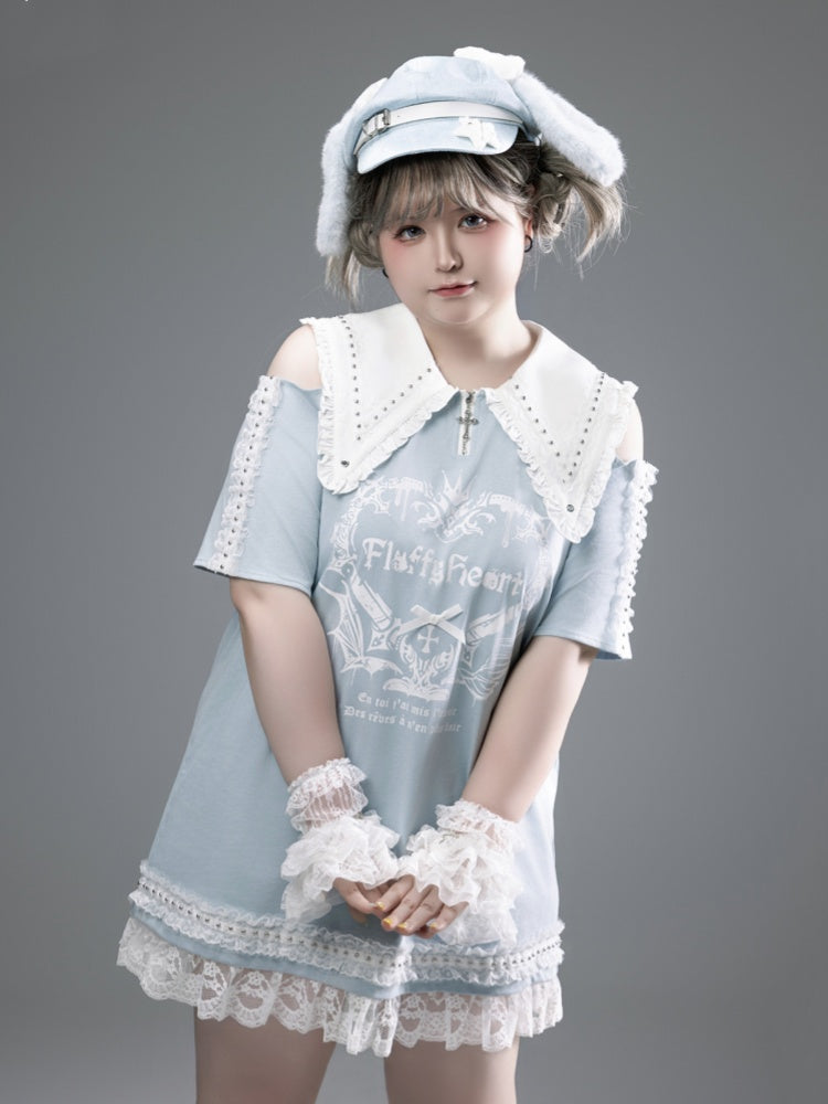 Blue Pointed Flat Collar Cutout Shoulder Lace Trim Jirai Kei Dress Light