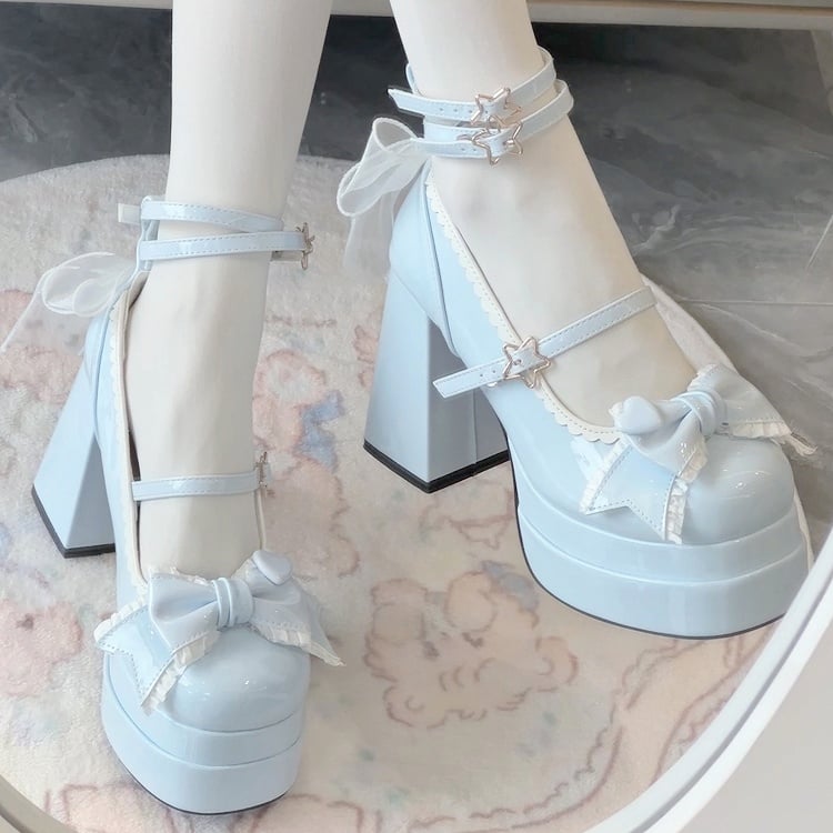 Sweet Blue Lolita Bow Polished Heels Top Platform 11CM at High