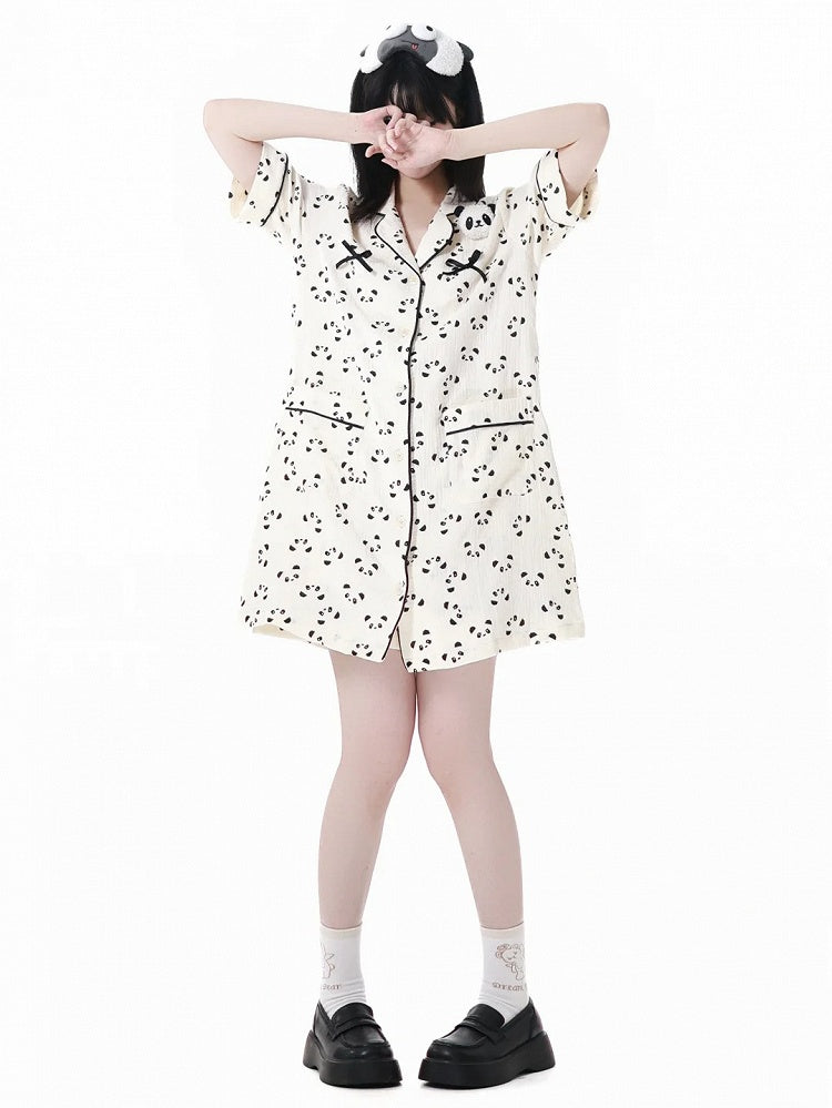 Panda Allover Panda Print Shirt Kleid Gewellter Rand Kragen Pyjama Beige Plüschtier