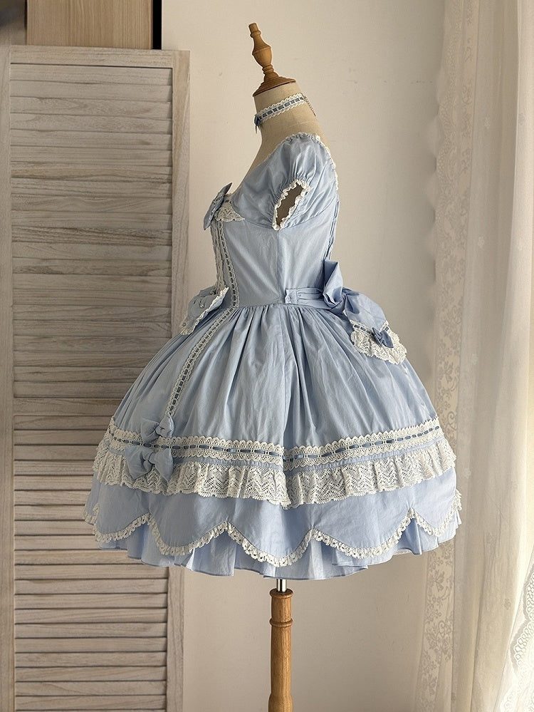 and Short Piece Blue One Neckline Puff Old Lolita School Sleeves Cotton Dress Square