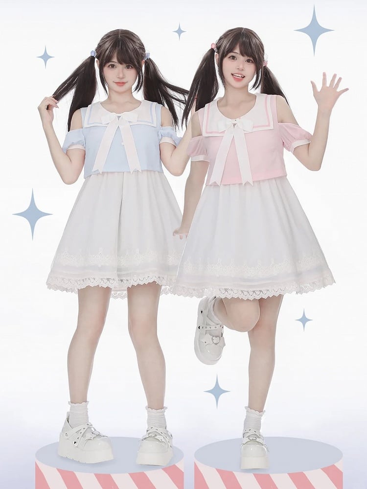 Collar Pink/Blue Bunny Ear and Tail Detail Sailor Chiffon Back