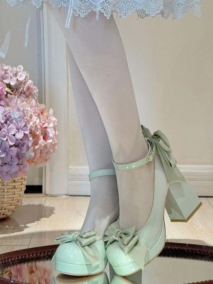 Grüne Lolita-Plateauschuhe mit Schleife und runder Mary-Schuh-Details