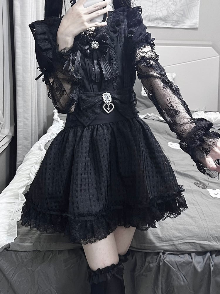 Detachable Kei Skirt Shoulder High Straps / Plaid Jirai Overall Black Waist with