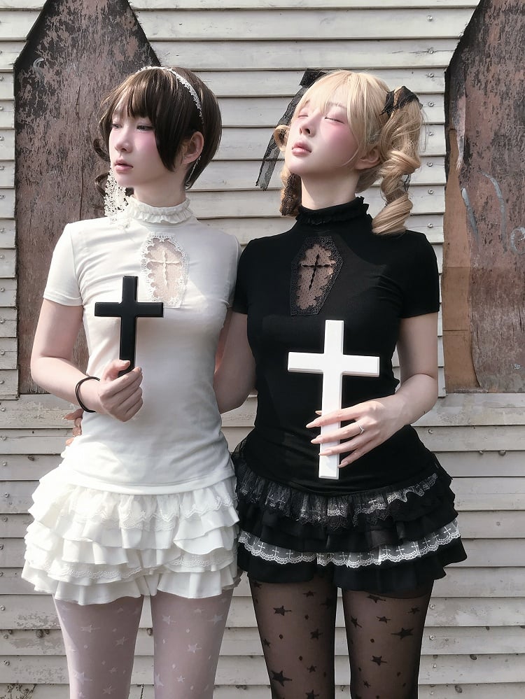 Gestufter Cross Skort Gothic Schwarz/Weiß Elastische Taille Spitzenbesatz Pumphose