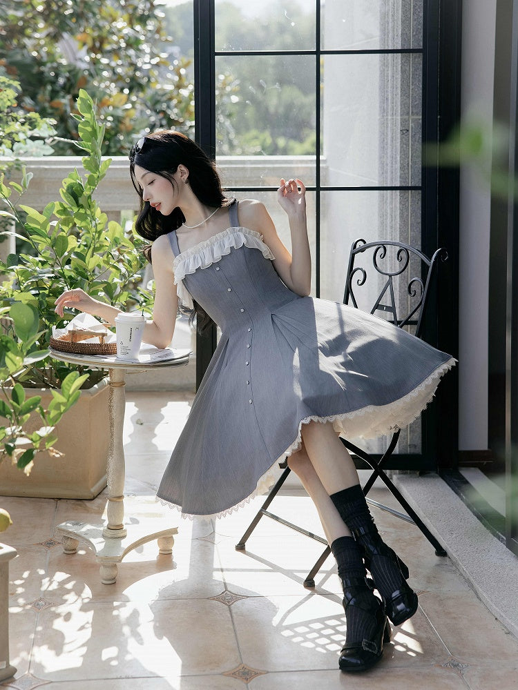 Fit Fashion Waist Lolita Gray Dress Elegant Slim