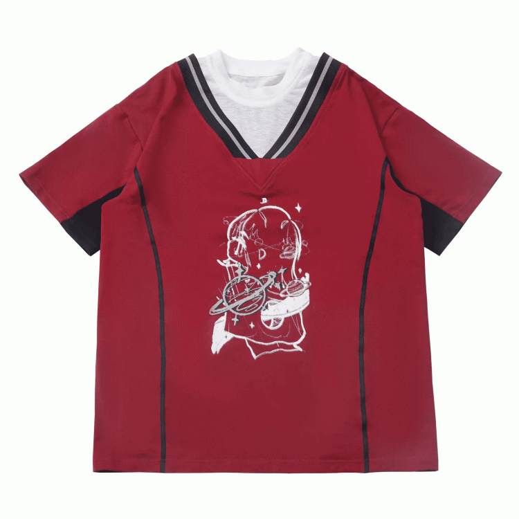 Two-pieces Neck Blue/Red Round Faux Light Graphic T-Shirt