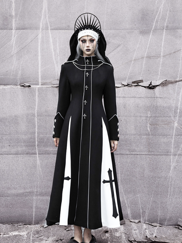 Schwarz-weißer Gothic-Wollmantel mit hohem Kragen
