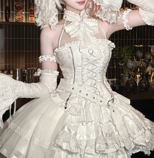 + Top Set Creamy Elegant Balletcore Skirt Lolita High-low Overlay Corset - Boned
