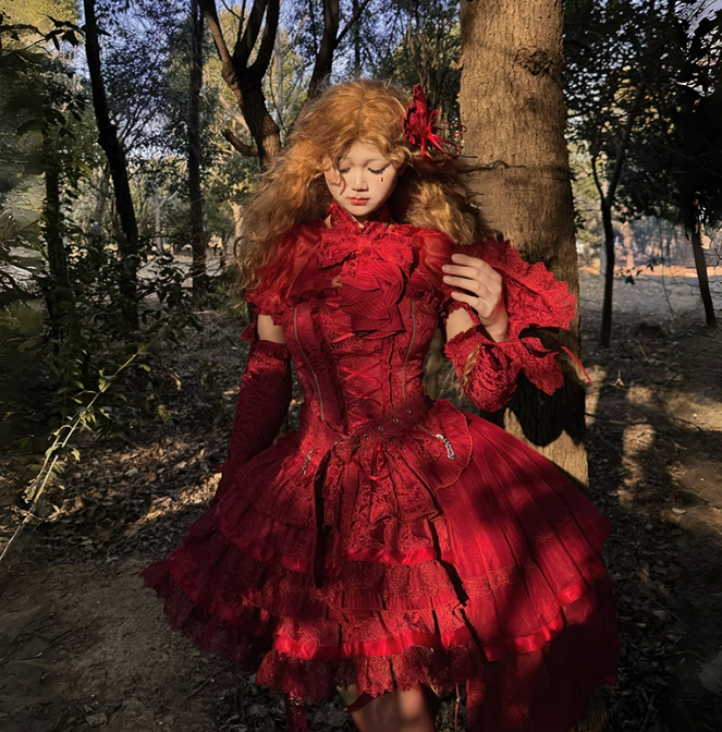 +トップセット クリーミーなエレガントバレエコアスカート ロリータ ハイローオーバーレイコルセット - ボーン入り