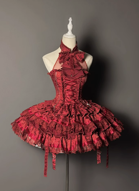 +トップセット クリーミーなエレガントバレエコアスカート ロリータ ハイローオーバーレイコルセット - ボーン入り