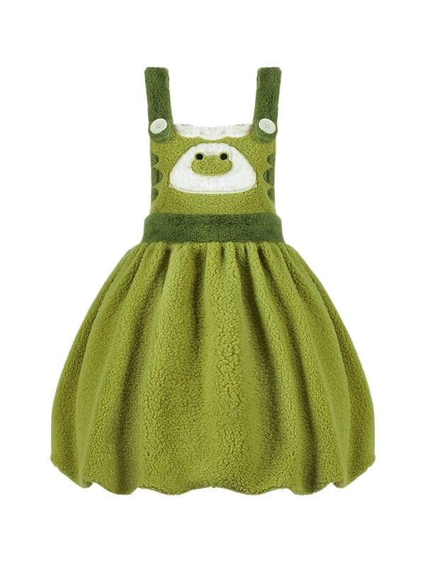 Little Frog Green Bubble Skirt Fleece Winter Overall Dress