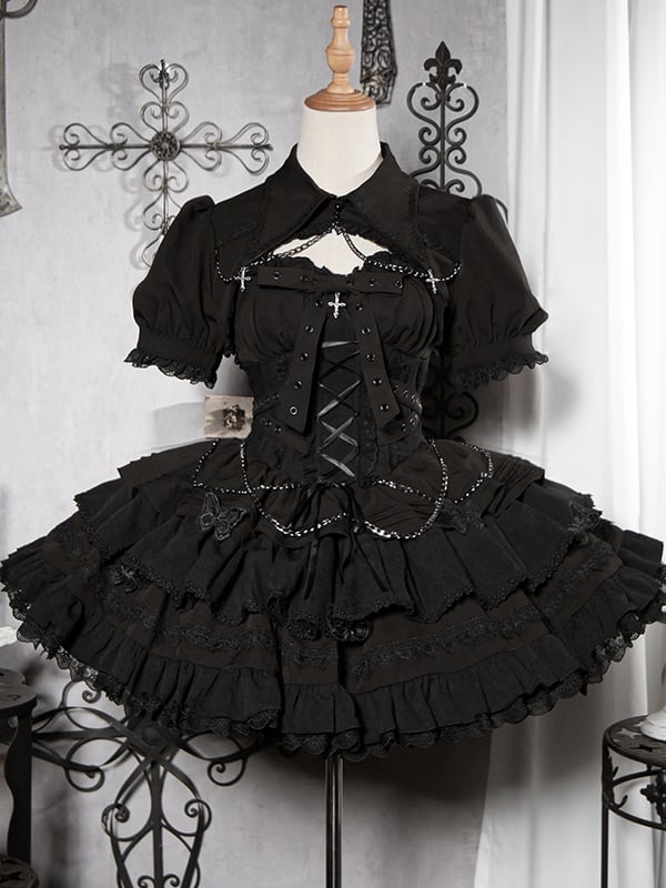 Black Gothic Short Jumper Skirt Adjustable Criss-cross Straps Waist