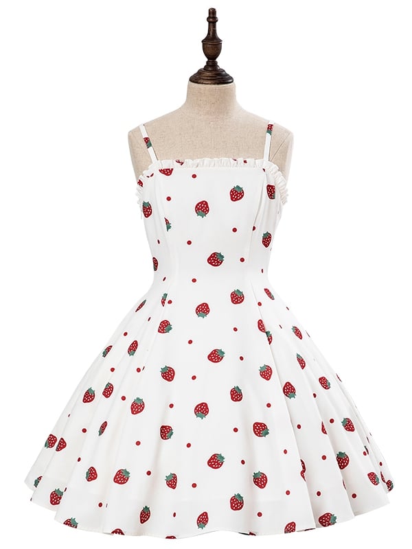 and White JSK Sweet Dress Polka Dots Summer Lolita Strawberry Sun Print