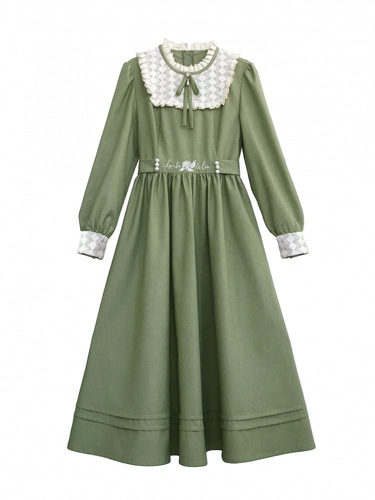 Rüschen Floral Vintage Ausschnitt Kleid Grün Stickerei Matcha mit