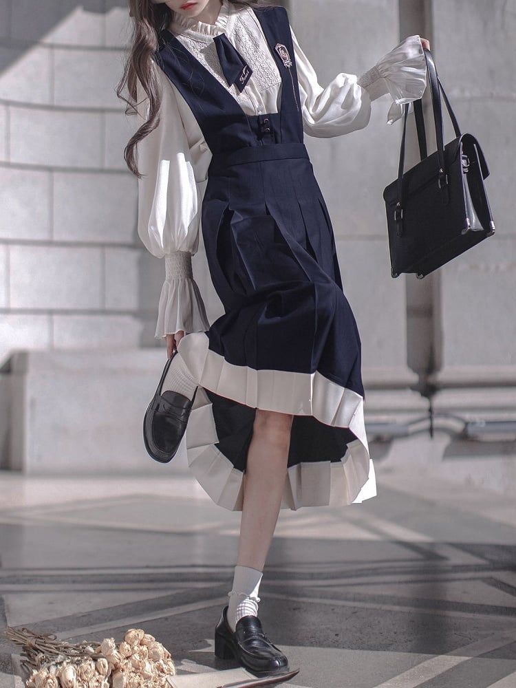 Overalls Box Embroidery Skirt Blue Letters with Pleat Dark