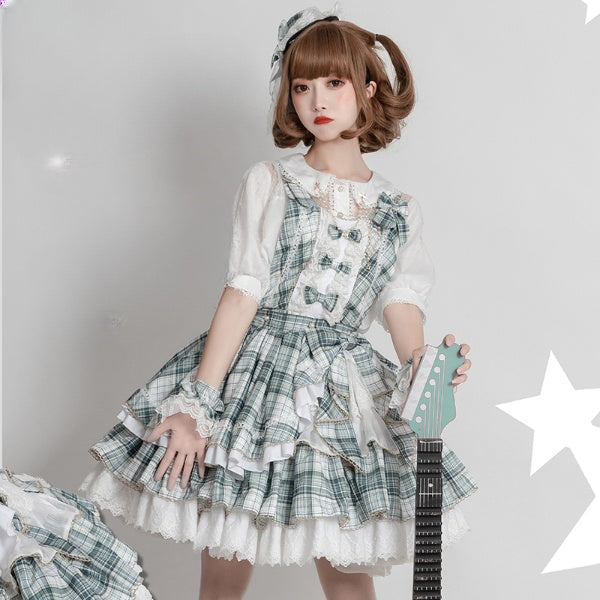 グリーンのチェック柄フリルスカートのアイドルドレス、ロリータオーバーオール