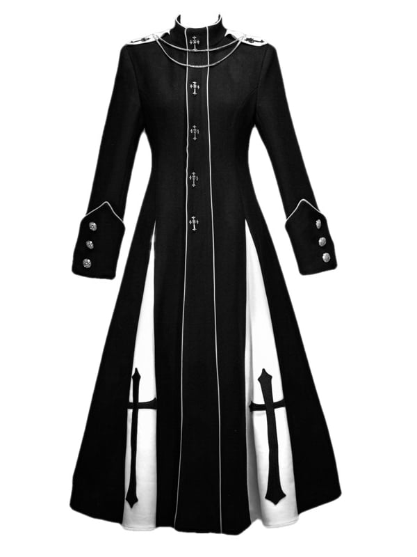 Schwarz-weißer Gothic-Wollmantel mit hohem Kragen