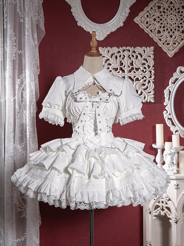 White Goth Short Jumper Skirt Adjustable Criss-cross Straps Waist