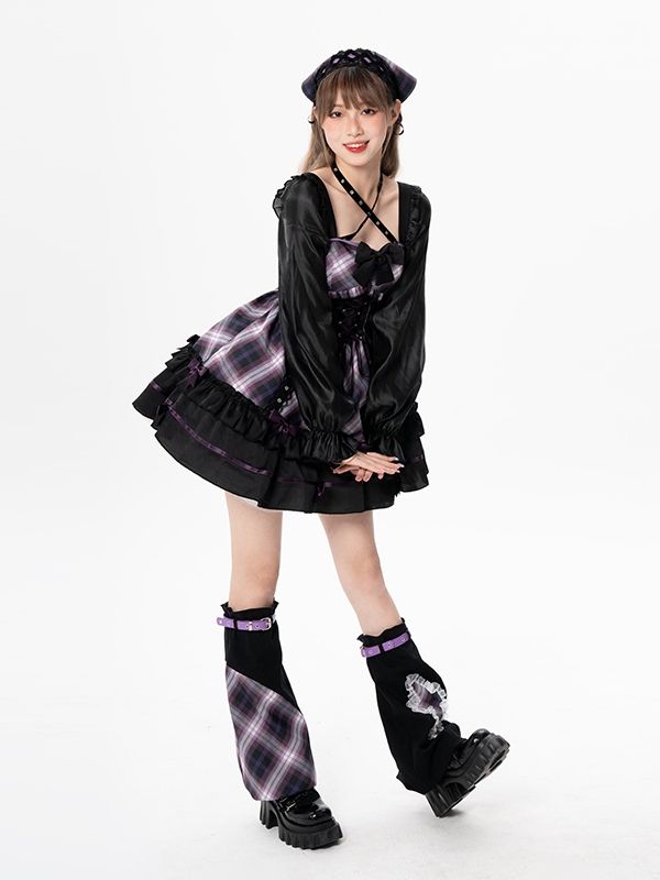 Neckholder-Idol-Kleid mit lila Karomuster und langen Ärmeln, einteilig
