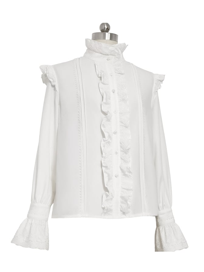 Theater White Fashion Sleeves Ruffle Shirt Ouji High Bunny Long Collar