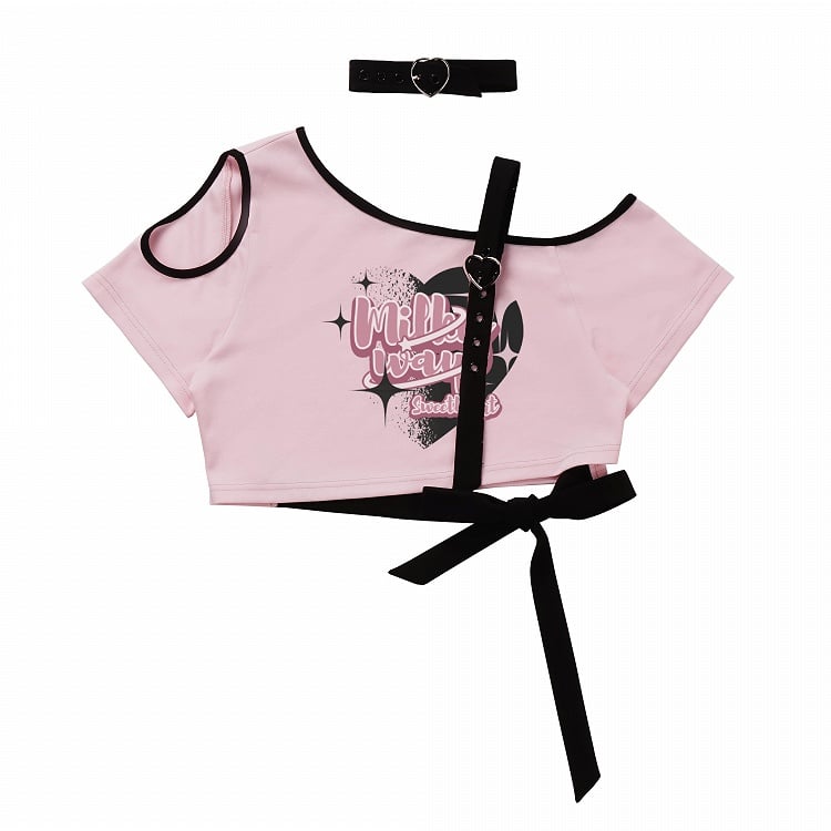Rosa asymmetrisches T-Shirt mit offener Schulter und Grafik