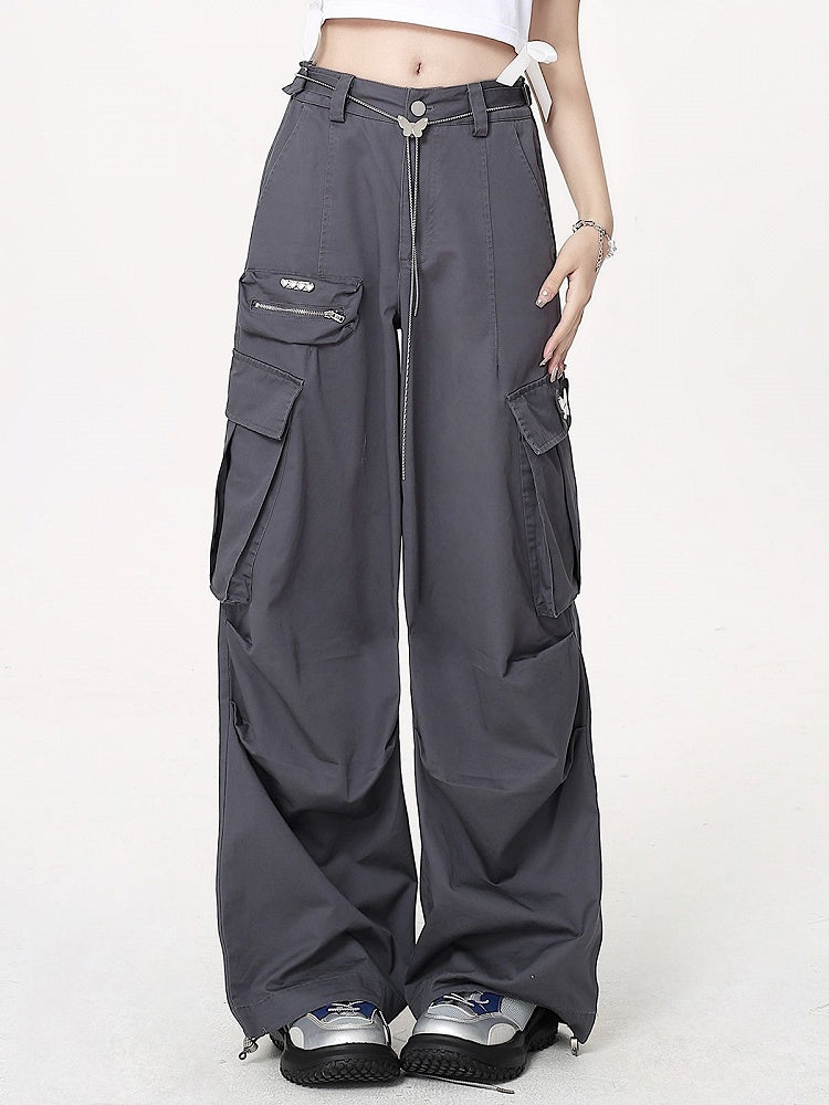 Chain Butterfly Gray Techwear Wide-leg with Cargo Pants Waist