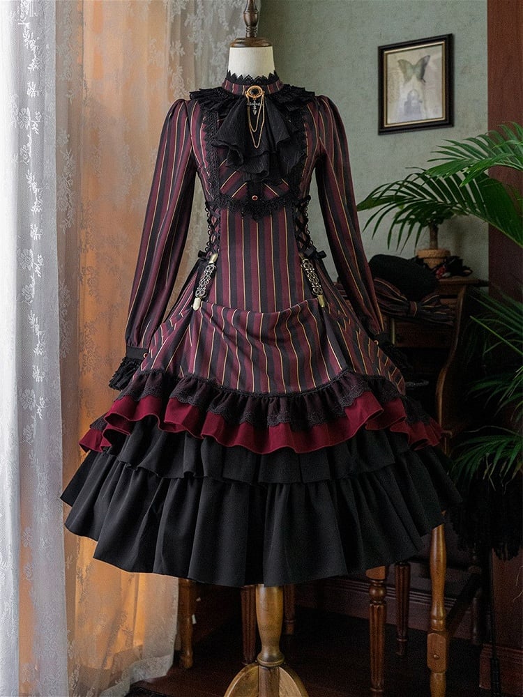 with Striped Lace-Up Gothic Petite Ruffle Collar Lolita Dress Waist