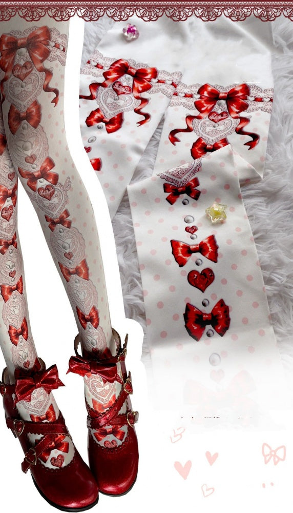 Süße Lolita-Strumpfhose mit Herz- und Schleifenmuster