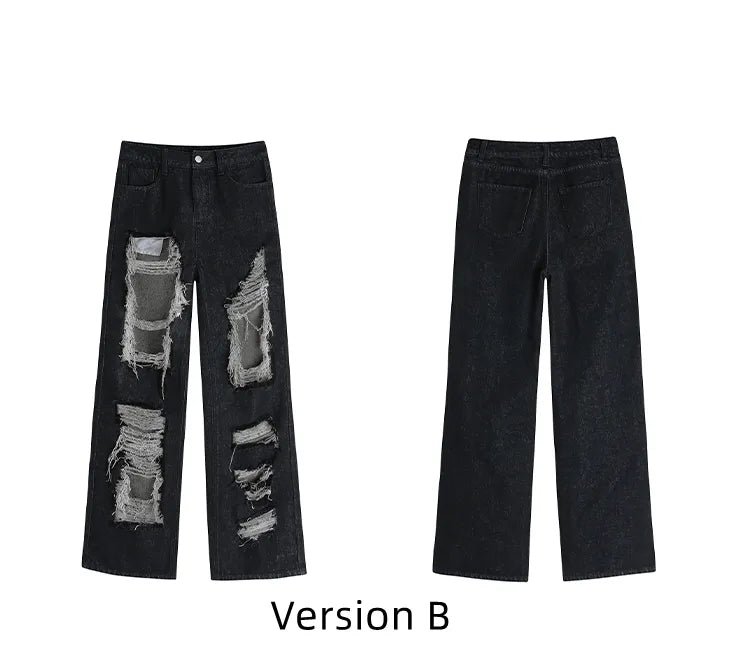 Fringes Design Distressed Raw Black Holes Jeans