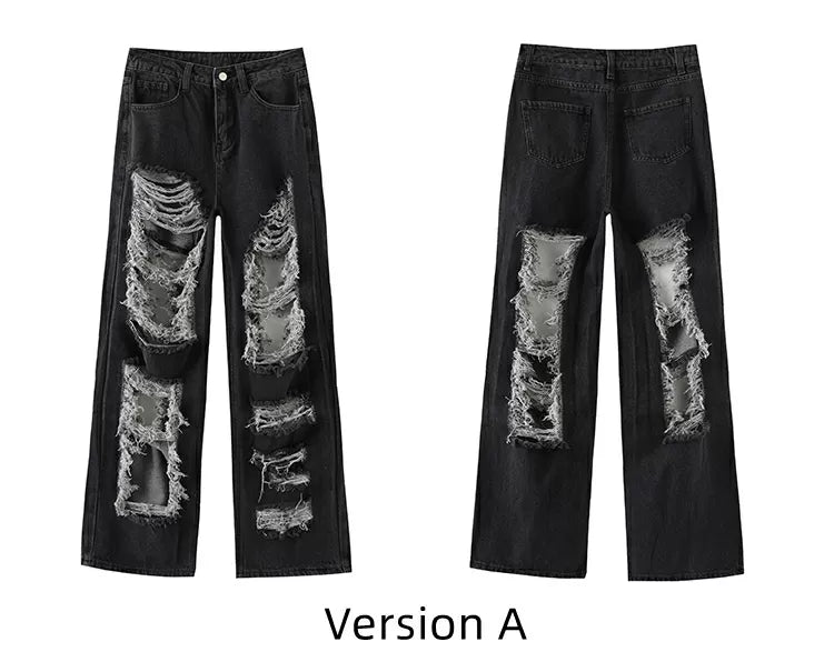 Fringes Design Distressed Raw Black Holes Jeans