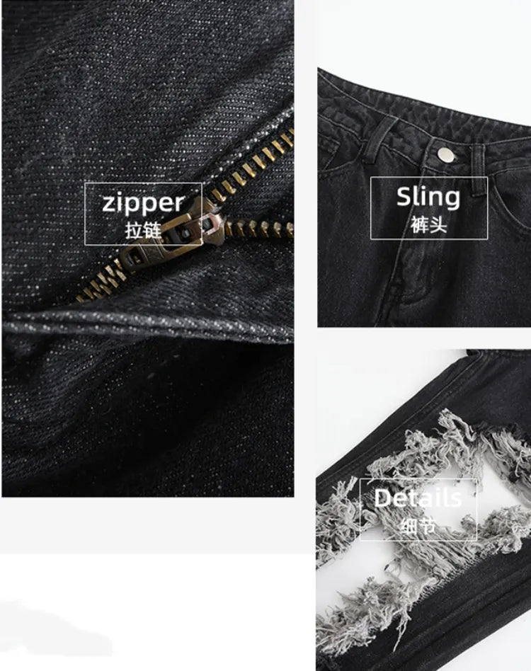Fringes Design Distressed Raw Black Holes Jeans