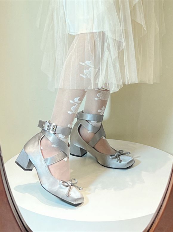 Wickelschuhe Satin Knöchelriemen Grau Elegante Ballettschuhe