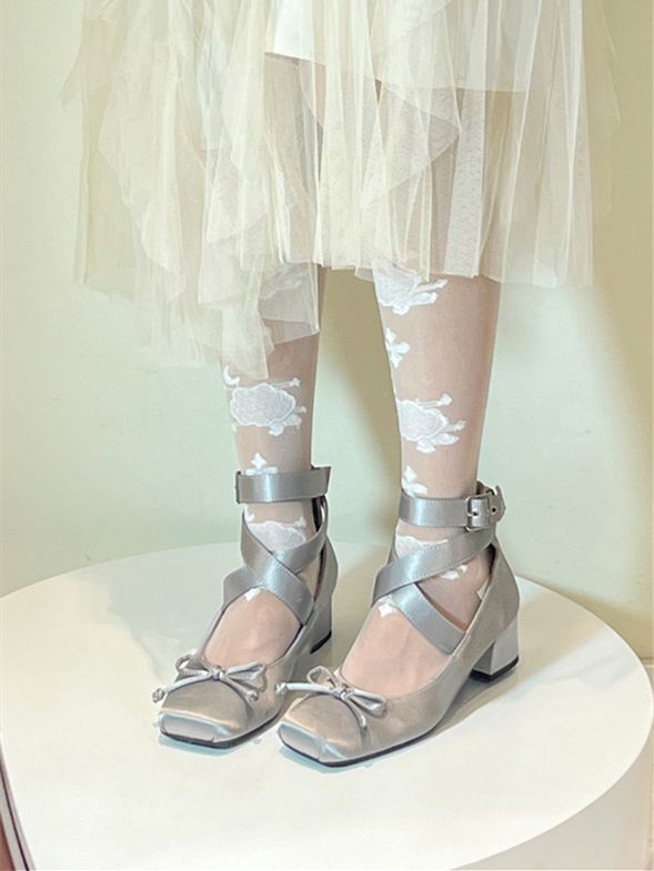 Wickelschuhe Satin Knöchelriemen Grau Elegante Ballettschuhe