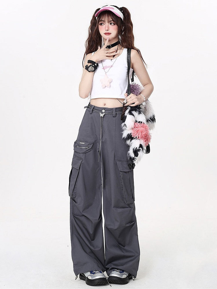 Chain Butterfly Gray Techwear Wide-leg with Cargo Pants Waist