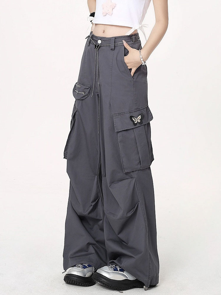 Chain Butterfly Gray Techwear Wide-leg with Cargo Pants Waist