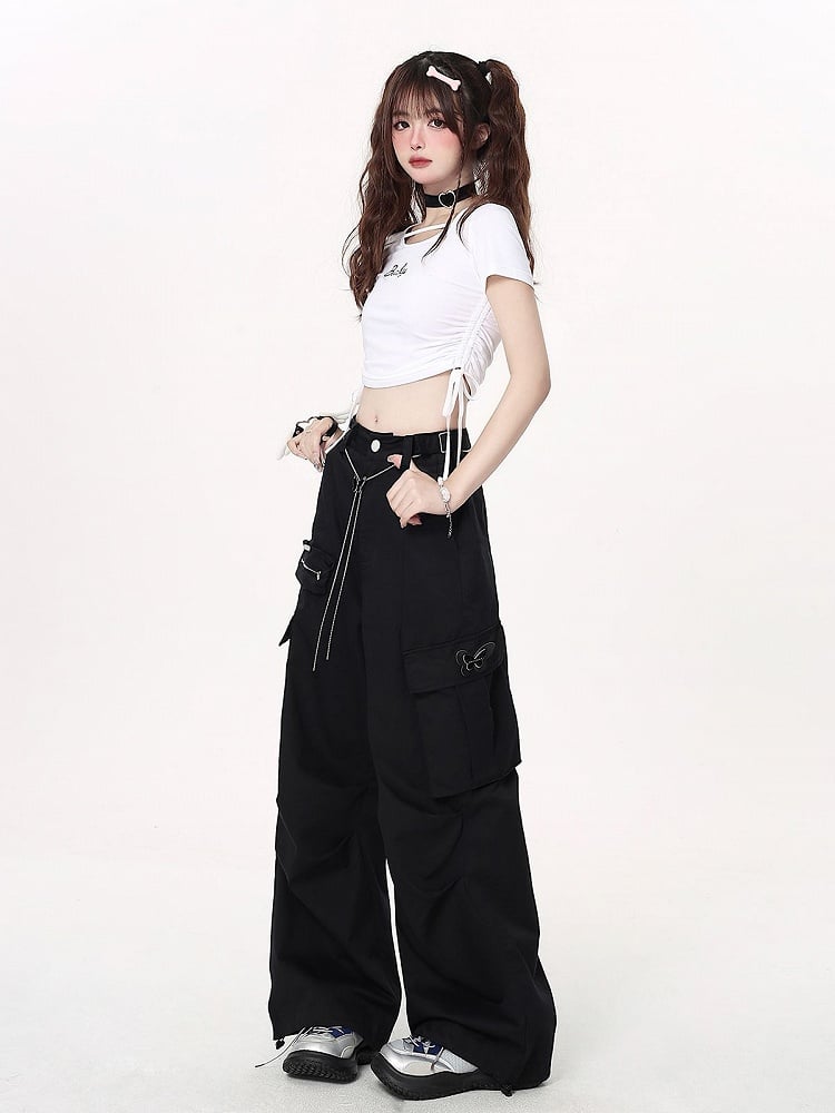 with Pants Cargo Techwear Wide-leg Waist Chain Black Butterfly