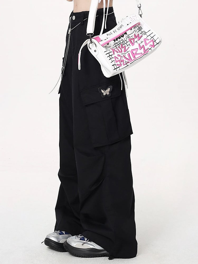 with Pants Cargo Techwear Wide-leg Waist Chain Black Butterfly