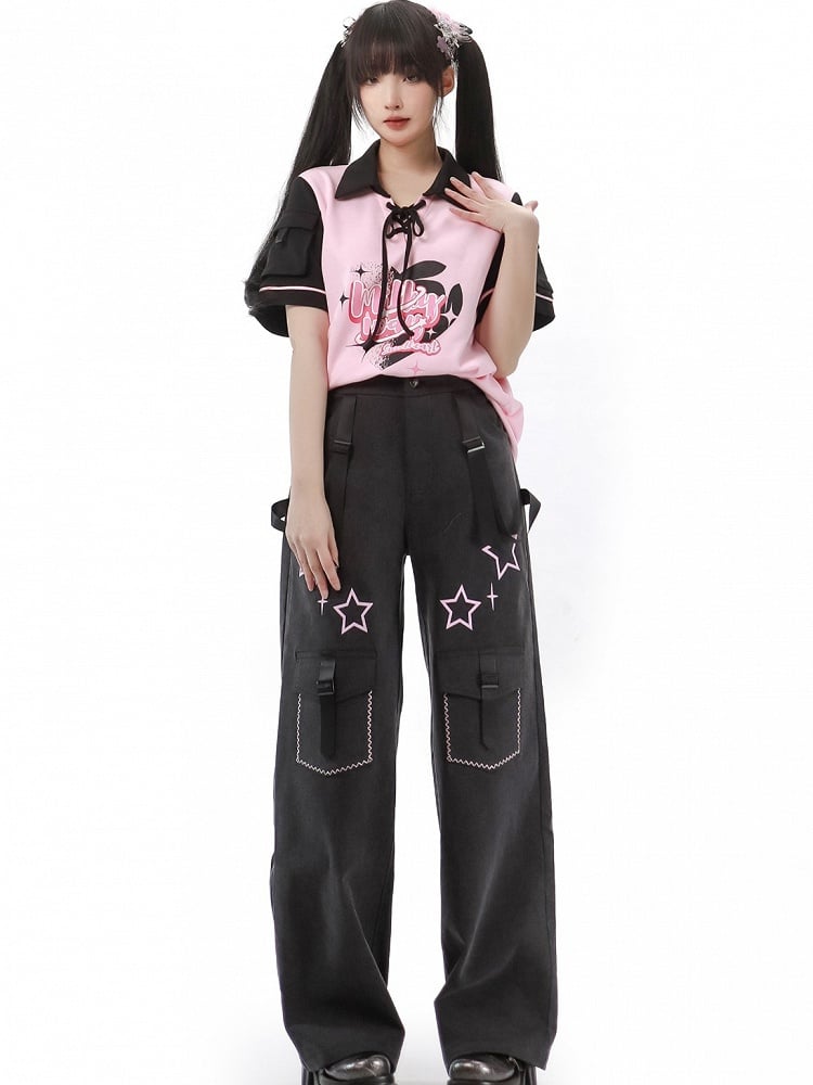 Pink Detail Black Lace-up T-shirt and Graphic