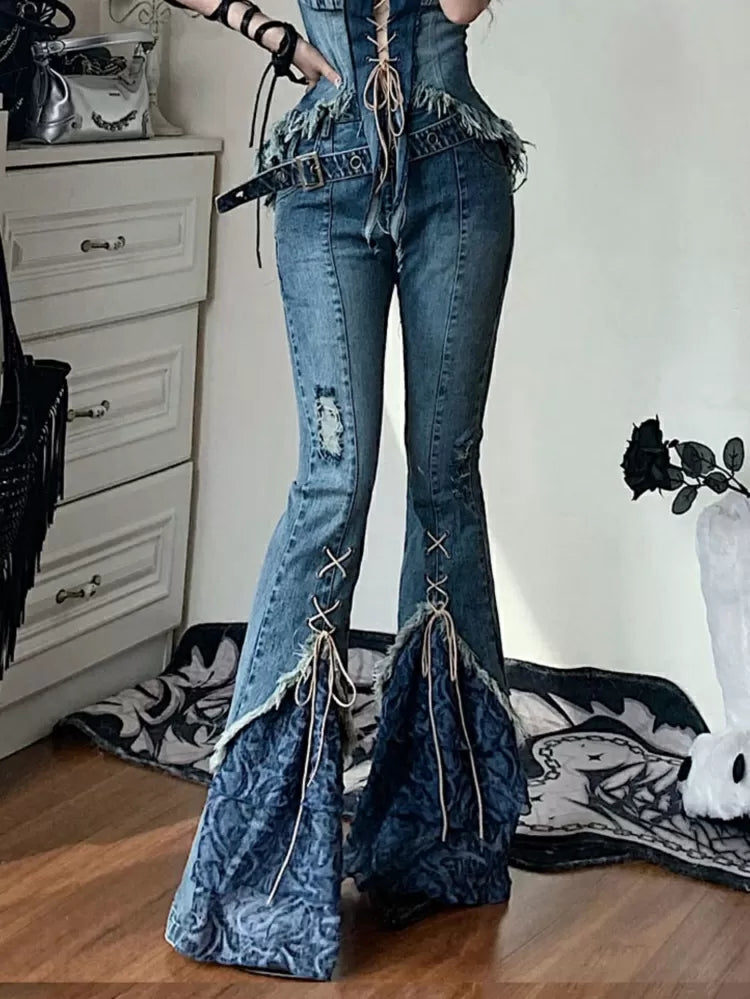 Lace-up Patchwork Detail Denim Pants Flare Design