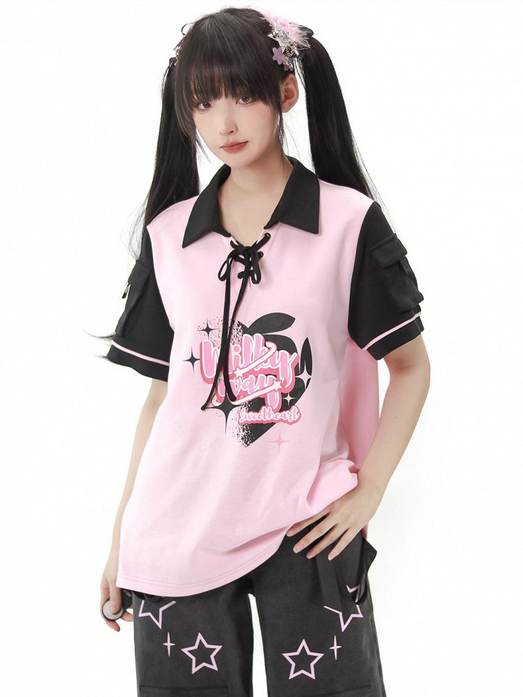 Pink Detail Black Lace-up T-shirt and Graphic