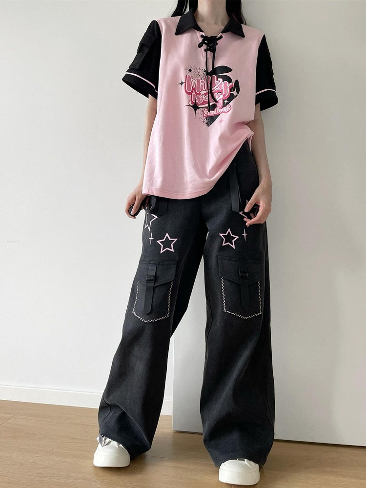 Pink Detail Black Lace-up T-shirt and Graphic