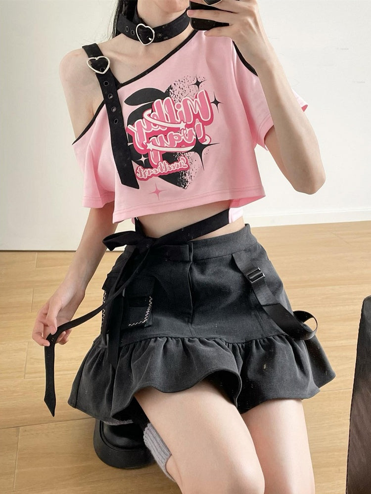 Rosa asymmetrisches T-Shirt mit offener Schulter und Grafik