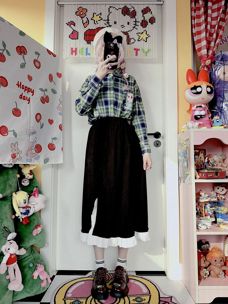 Side Waist Ruffle Shirring Black Skirt Slit Trim