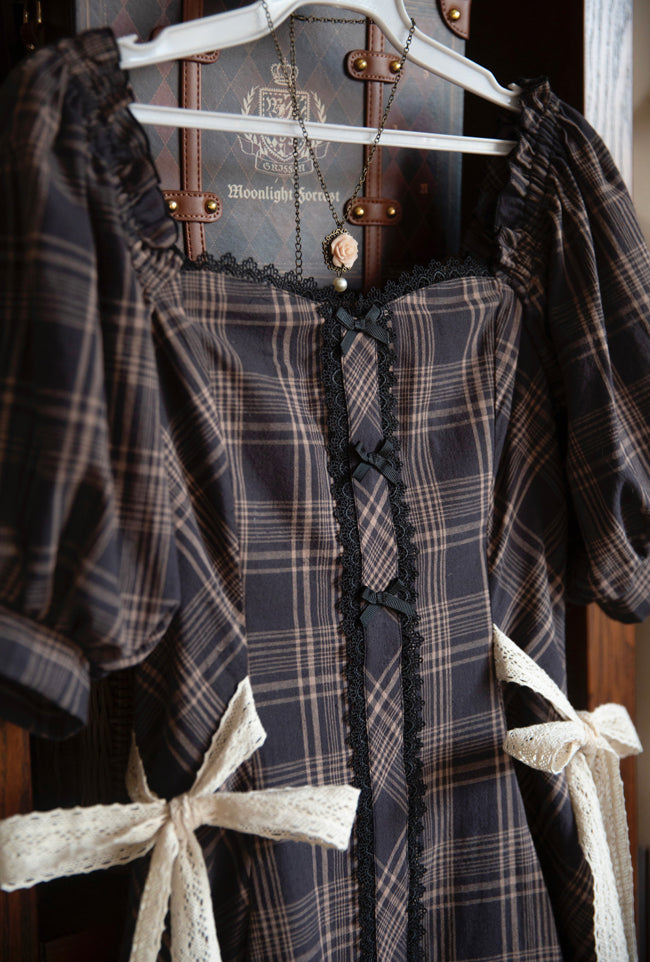 Schwarzes Kleid Fit Muster Schlanke Taille Plaid Kurze Ärmel Lolita
